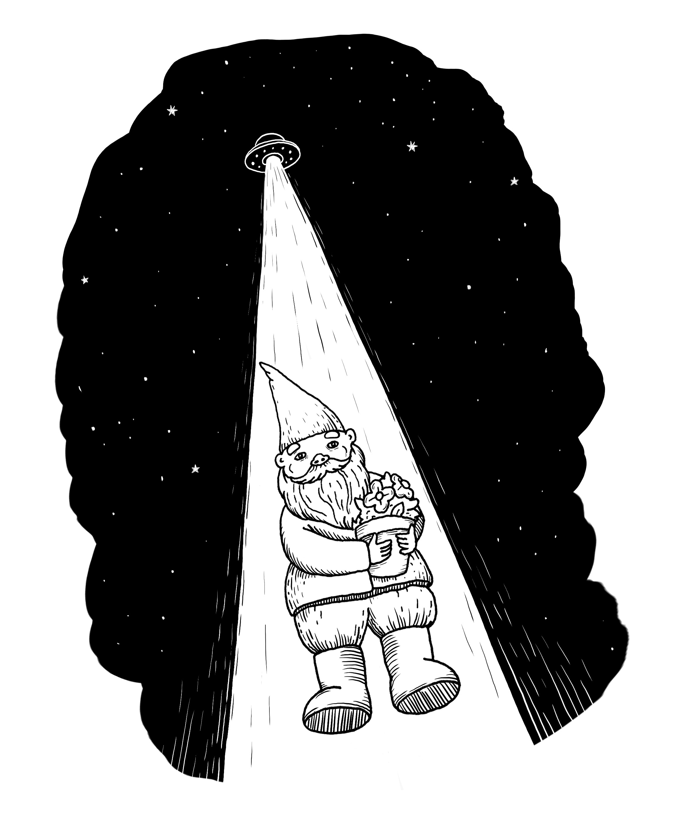 A gnome being beamed up by a UFO